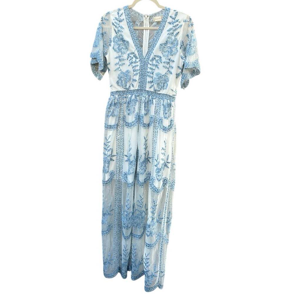 Altar’d State Blue White Floral Embroidered Mesh Boho Maxi Dress Small